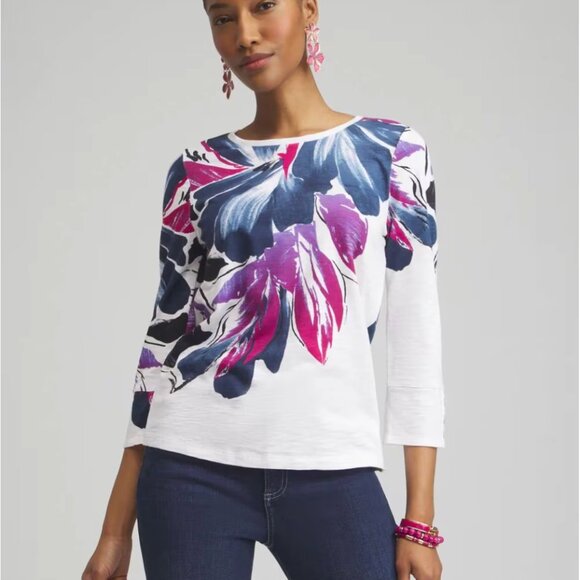 Brand New Chico's Floral Tee with Button Cuffs - Size 4 (XXL ~20/22) - Picture 5 of 8